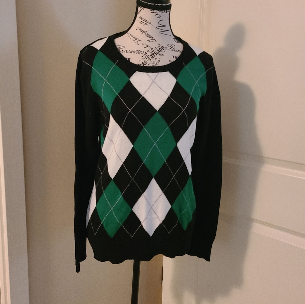 ARGYLE MERONA CREW NECK PULLOVER COTTON BLEND Size L Black/green & White Womens